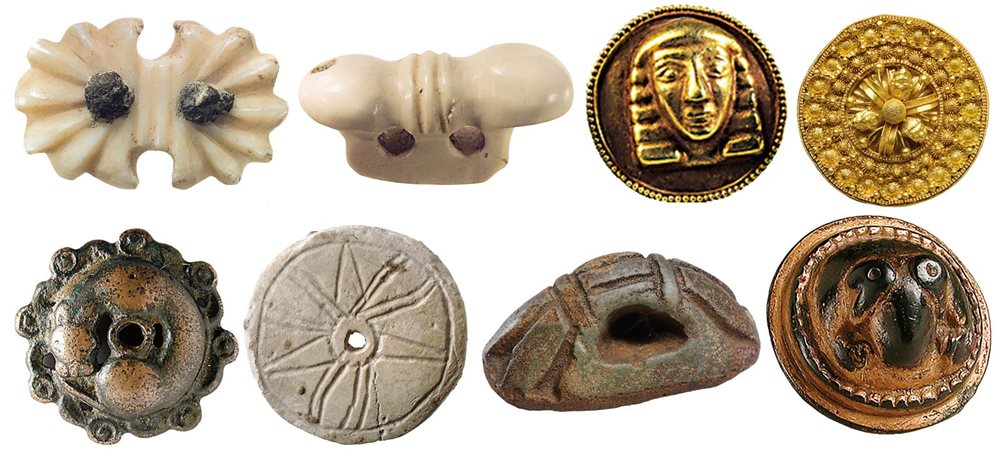 <strong>Above, top row, left to right</strong> People in other regions later produced ornamental buttons, too: Both of these carved, polished shell buttons were likely used on harnesses between the ninth and seventh centuries <span class="smallcaps">bce</span> in Assyria; a button of gold with a male face relief was made between the eighth and seventh centuries <span class="smallcaps">bce</span> and found in Megara, Greece; a finely tooled gold disc dates to a sixth-century-<span class="smallcaps">bce</span> Etruscan site.<br />
<br />
<b>Second row</b> This cast bronze button is of Mongolian origin, from the fifth to third century <span class="smallcaps">bce</span>; a simple Phoenician shell button was made from the eighth to second century <span class="smallcaps">bce</span>; the flat side of this lumpy faience button makes it possible it served also as a seal in Egypt between the sixth and first century <span class="smallcaps">bce</span>; from northern China, this button was made of gilt cast bronze between the first century <span class="smallcaps">bce</span> and first century <span class="smallcaps"><span class="smallcaps">ce</span></span>.