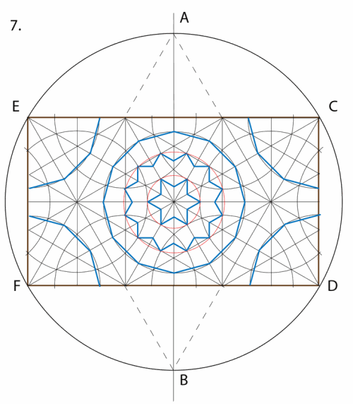 7. First lightly outline the 6- and 12-pointed star motifs in the center, as above. Then, with a bolder line, or colored pencil, start to outline the overlapping dodecagons and quarter dodecagons.