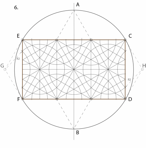 6. Arrange the proportioning circles with radius R2 evenly as above across our rectangular module. Note that two centers of the proportioning circle, G and H, are outside of the frame of our rectangular module.