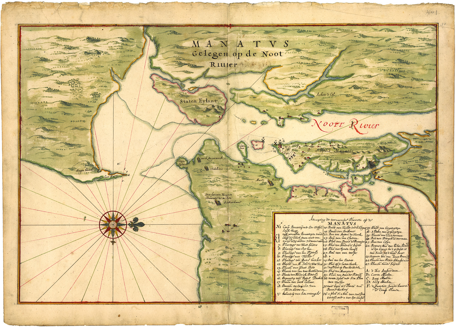 When this map was drawn in 1639, the Dutch colony of New Netherland was 15 years old. The bouwerie (farm) belonging to “Antony du Turck”—Anthony the Turk, as the map’s key lists his name—is marked among some three dozen others at the tip of Manhattan, which is here named Eyland Manatus. It was in this same year van Salee’s conflicts boiled over into a court-ordered expulsion from Eyland Manatus across the river to Bruekelen. This map orients with north to the right, and in addition to Manhattan, it shows the Hudson and East rivers flowing south into Long Island Sound, New Jersey at its top with Staten Island and today’s Brooklyn, Queens and the Bronx to the lower right.
