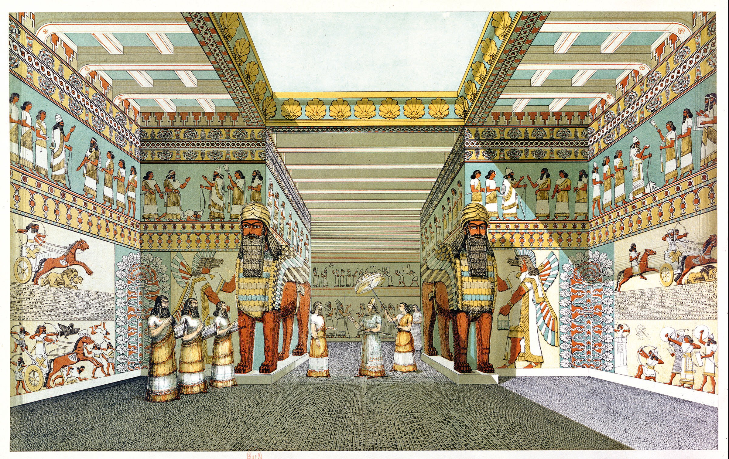 <p>This artist&rsquo;s depiction of the grand entrance to a four-chambered temple built by Ashurnasirpal <small>II</small> at the northwest part of Nimrud was excavated under Layard and Rassam in 1846. It shows the human-headed lions that today stand on display in London <i>(next)</i>; the artist also showed the palace in the vivid colors that may have resembled its original condition.&nbsp;</p>
