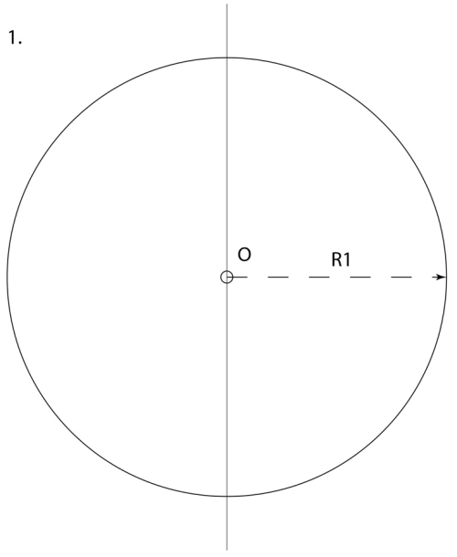 1. Start from a vertical line, set compass radius to R1, approximately ⅓ width of the page. Draw a circle in the middle of the line.