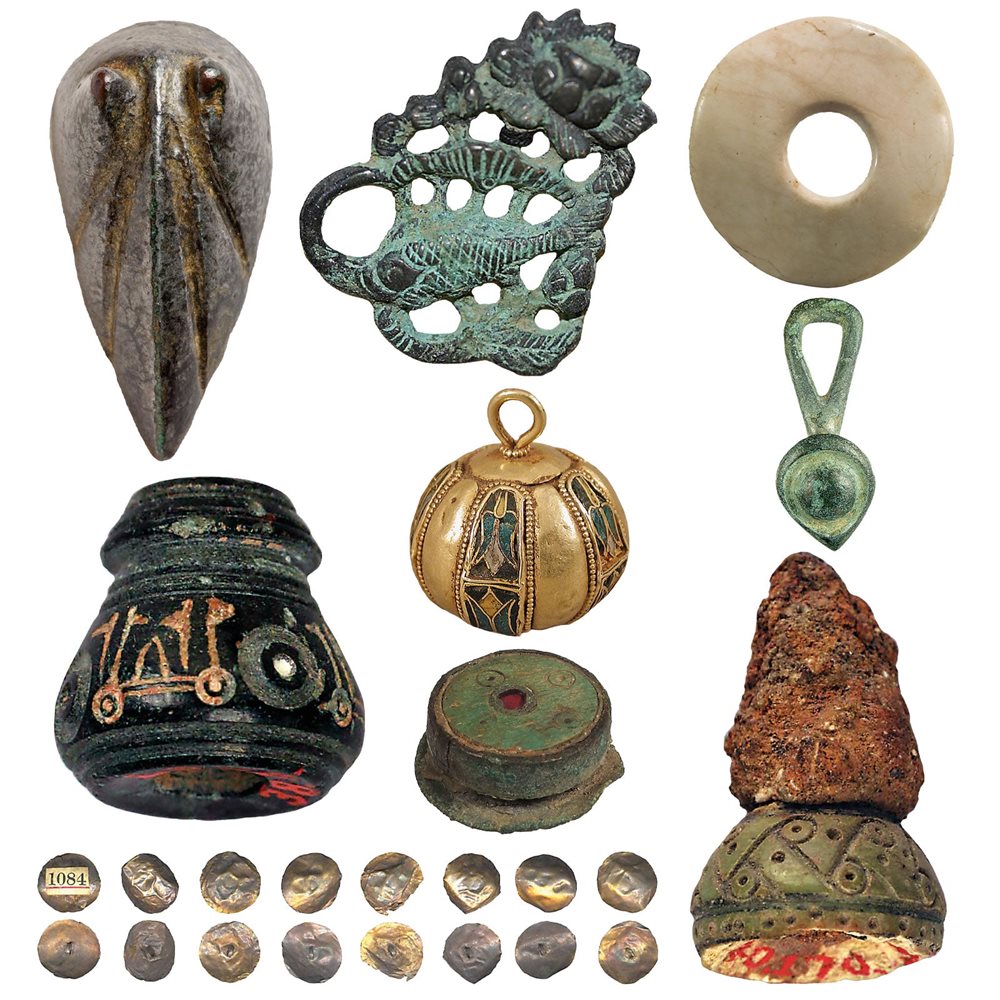 <p><strong>Above, top row</strong> Also from China comes a cast bronze button adornment, from the Han dynasty, made between the second century <span class="smallcaps">bce</span> and second century <span class="smallcaps"><span class="smallcaps">ce</span></span>; also of bronze, an openwork ornament found in Korea was made between the first century <span class="smallcaps">bce</span> and the ninth century <span class="smallcaps"><span class="smallcaps">ce</span></span>; a polished shell-disc button from Sasanid Persia, dated from the third to seventh century <span class="smallcaps"><span class="smallcaps">ce</span></span> and, shown under it, an English Roman loop fastener of copper from the first or second century <span class="smallcaps"><span class="smallcaps">ce</span></span>.<br />
<b style="font-family: inherit; font-size: inherit;">Second row</b><span style="font-family: inherit; font-size: inherit; font-weight: inherit;"> With a dot-in-circle design, a Sasanian button dates from the eighth to 10th century </span><span class="smallcaps" style="font-family: inherit; font-size: inherit; font-weight: inherit;"><span class="smallcaps">ce</span></span><span style="font-family: inherit; font-size: inherit; font-weight: inherit;">; a spherical cloissonne enamel and gold button comes from 10th-century </span><span class="smallcaps" style="font-family: inherit; font-size: inherit; font-weight: inherit;"><span class="smallcaps">ce</span></span><span style="font-family: inherit; font-size: inherit; font-weight: inherit;"> Byzantine Bulgaria; a flat-ended bronze button from seventh-century </span><span class="smallcaps" style="font-family: inherit; font-size: inherit; font-weight: inherit;">ce</span><span style="font-family: inherit; font-size: inherit; font-weight: inherit;"> northern France; a button or bead from ninth- or 10th-century </span><span class="smallcaps" style="font-family: inherit; font-size: inherit; font-weight: inherit;">ce</span><span style="font-family: inherit; font-size: inherit; font-weight: inherit;"> Nishapur is made of bone.</span><br />
<b>Lower left</b> A set of 16 small buttons, cut and hammered in Afghanistan from debased gold in the late second century <span class="smallcaps">ce</span>.</p>
