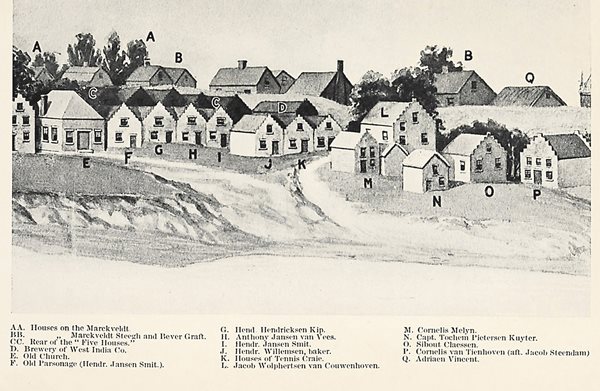 The oldest structure in New York state is the smaller part—to the right—of what is now the Wyckoff Museum and farm in Brooklyn. The 1652 illustration above shows houses of similar design in newly settled Breukelen. 