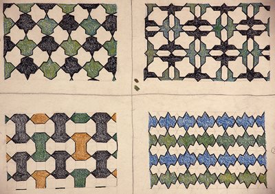 Four patterns from the Alhambra Escher copied into his sketchbook in 1936 were among the visual stimuli that helped Escher create more than 150 flat-plane drawings and prints.