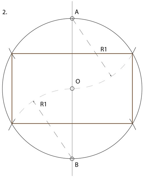2. Without changing the compass radius, and with the compass needle anchored at point A then point B, make 4 additional divisions of the circle. This will create our “harmonic” proportioning rectangle with the special ratio of 1:√3. This will form the fundamental repeat module for our design.